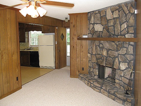 Den with Stone Fireplace