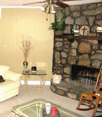 Den with Stone Fireplace